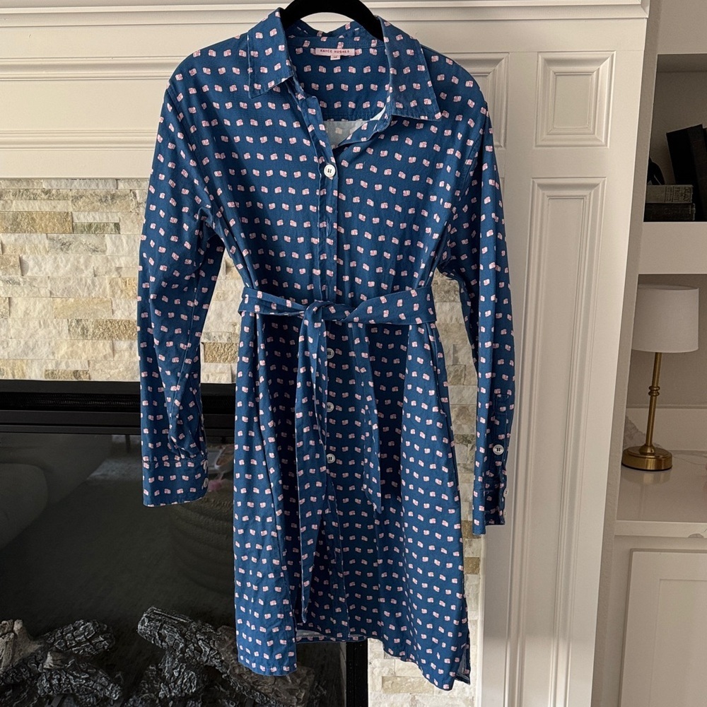 Kayce Hughes Blue Pink Patterned Long Sleeve Shirt Dress Size 10 100% Cotton